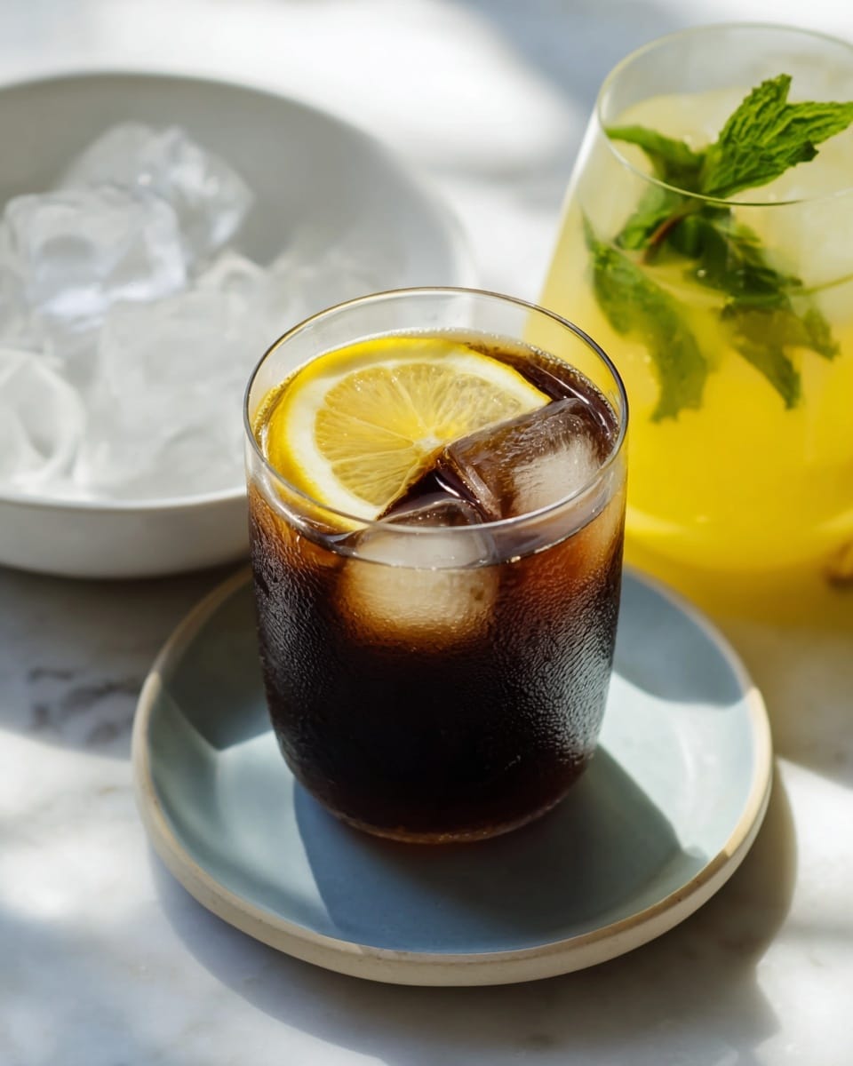 A clear glass filled with dark brown iced coffee contains several light ice cubes floating on top, with condensation visible on the glass surface. A bright yellow lemon slice with visible pulp is placed on the rim of the glass. The glass sits in a shallow white bowl with a slight pale blue tint inside. Around it, there is a white bowl filled with clear ice cubes, and in the front right, a frosted glass with a pale yellow lemonade adorned with fresh green mint leaves. All elements are set on a white marbled texture surface with soft natural light and shadows. photo taken with an iphone --ar 4:5 --v 7