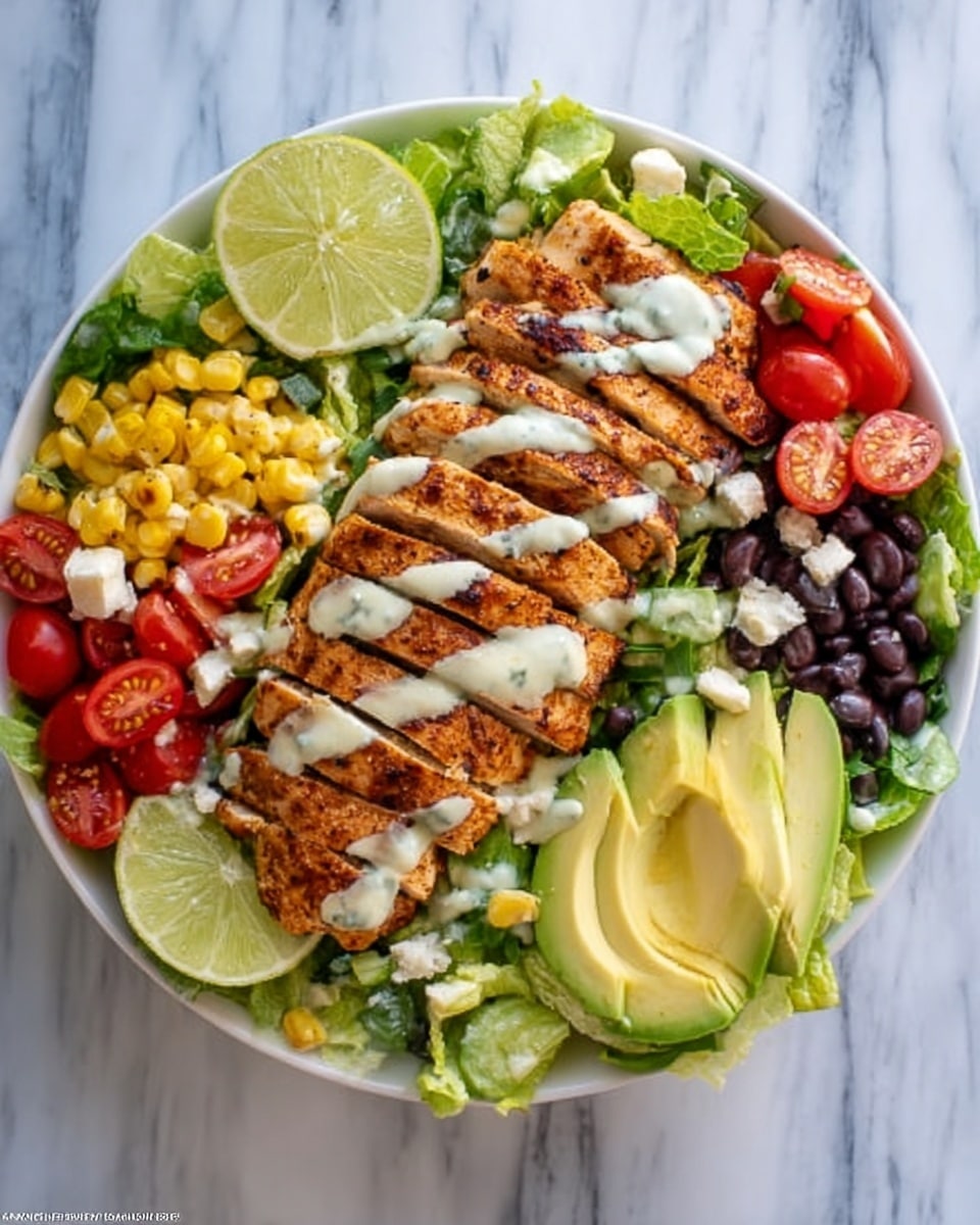 The dish shows a white bowl filled with colorful fresh salad at the bottom. The salad has bright green lettuce leaves, red cherry tomato halves, yellow corn kernels, black beans, and small white cheese cubes scattered throughout. On top of the salad, there are strips of grilled chicken with a golden-brown crust, arranged in the center. A creamy white sauce is drizzled over the chicken. Around the edge of the bowl, there are four lime wedges and several slices of yellow avocado placed neatly in sections. The bowl is placed on a white marbled surface. Photo taken with an iphone --ar 4:5 --v 7