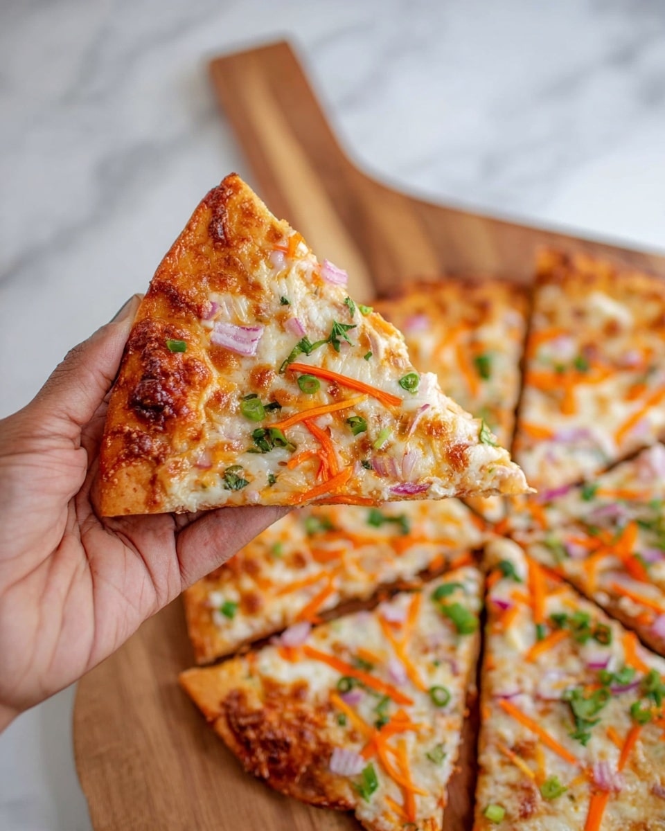 A slice of pizza is held by a woman's hand in the foreground, showing a thin crust with a golden-brown edge. The pizza slice has a layer of melted cheese with a shiny, slightly browned texture, topped with small pieces of red onion, thin orange carrot strips, and scattered green herbs. In the background, the whole pizza is cut into slices and placed on a wooden board, displaying similar toppings and colors with a mix of cheese, vegetables, and herbs spread evenly across. The scene is set on a white marbled surface. photo taken with an iphone --ar 4:5 --v 7