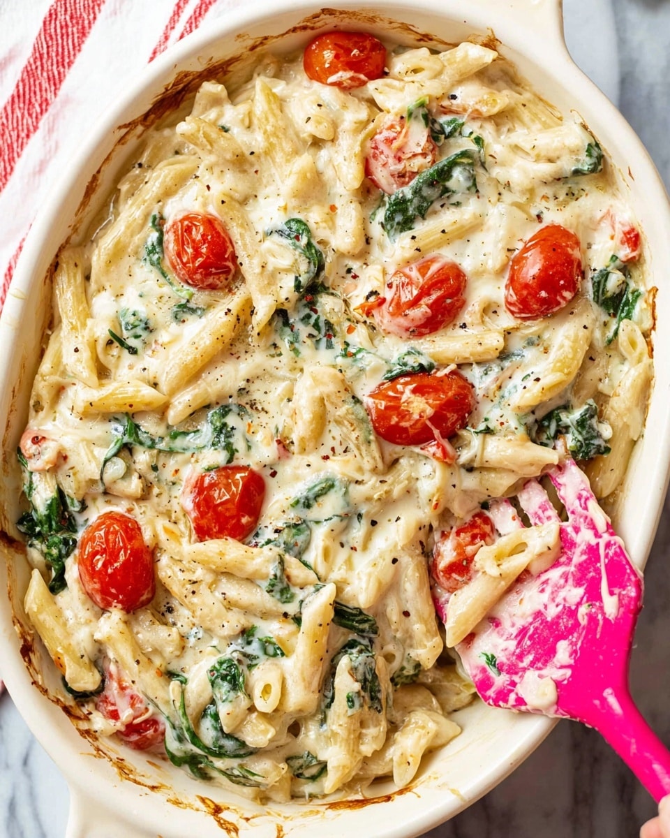 A close-up view of a white oval baking dish filled with creamy pasta, showing two main layers: the base is made of short, tube-shaped pasta in a thick white cheese sauce mixed with wilted green spinach leaves; scattered unevenly on top are halved bright red cherry tomatoes giving a pop of color. The pasta is richly coated with the slightly bubbled sauce around the edges, sprinkled with small black pepper flakes. A bright pink spatula is partially dipped into the mixture on the right side, held by a woman's hand just outside the frame. The dish sits on a white marbled surface with a striped red and white cloth nearby. photo taken with an iphone --ar 4:5 --v 7