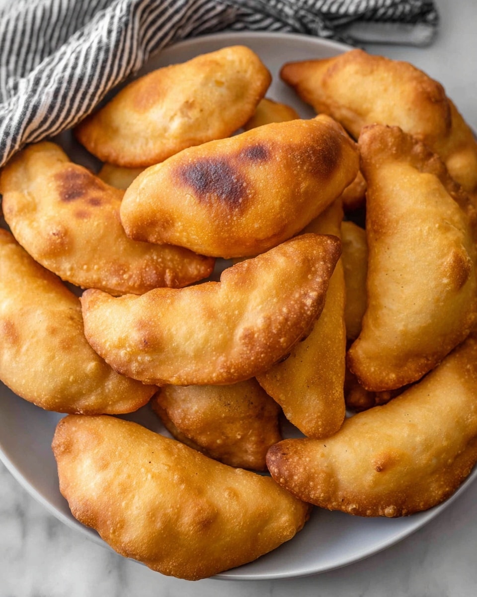 A close-up view shows a plate full of golden brown fried pastries, each shaped like a small, curved half-moon. The pastries have a slightly puffy texture with some darker browned spots giving a crisp and crunchy look to their surface. They are piled closely together covering the entire white plate, which sits on a white marbled surface. A striped towel is partially visible in the top left corner, adding a bit of casual kitchen vibe to the scene. The overall look highlights the warm and inviting color of the fried dough. photo taken with an iphone --ar 4:5 --v 7