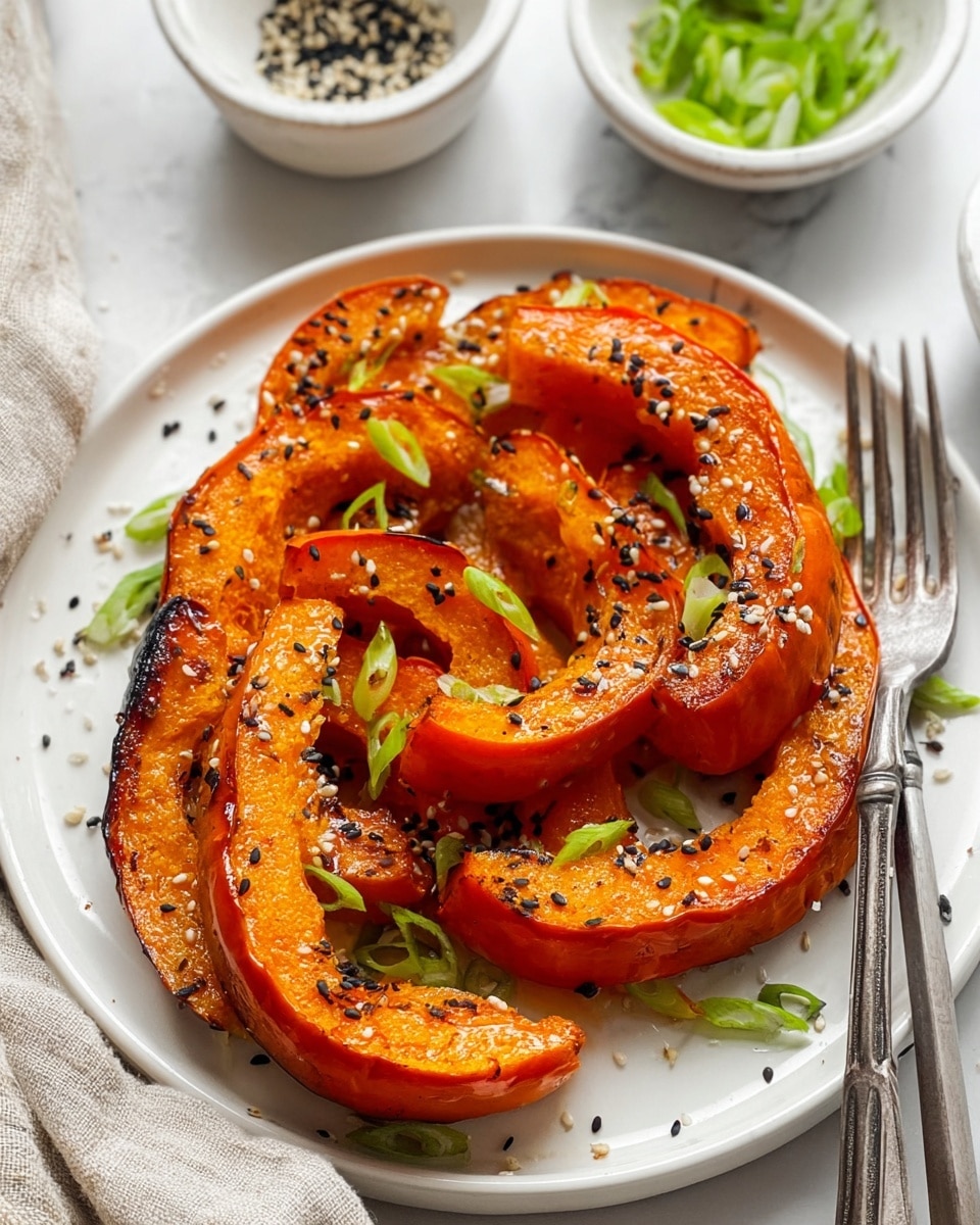 A white plate holds several thick slices of roasted orange pumpkin, each piece showing a slightly charred and caramelized edge with a glossy, soft texture. The pumpkin slices are scattered with small green onion rings and black and white sesame seeds, adding detail and color contrast. Around the plate, a white marbled surface forms the background with beige linen and silver forks partially visible in the background, along with small bowls containing more chopped green onions and sesame seeds. The overall scene feels fresh and simple. photo taken with an iphone --ar 4:5 --v 7
