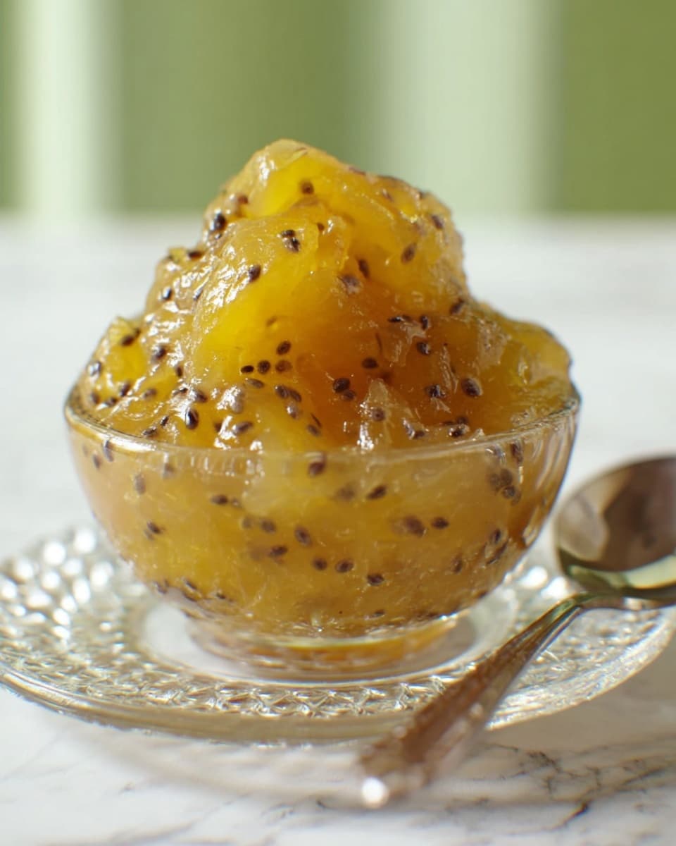 A close-up of a shiny silver spoon filled with chunky green relish that has translucent, jelly-like pieces mixed with small yellow mustard seeds and hints of red pepper. The relish has a thick, glossy texture that catches light, and the background is softly blurred with creamy warm colors. Photo taken with an iphone --ar 4:5 --v 7