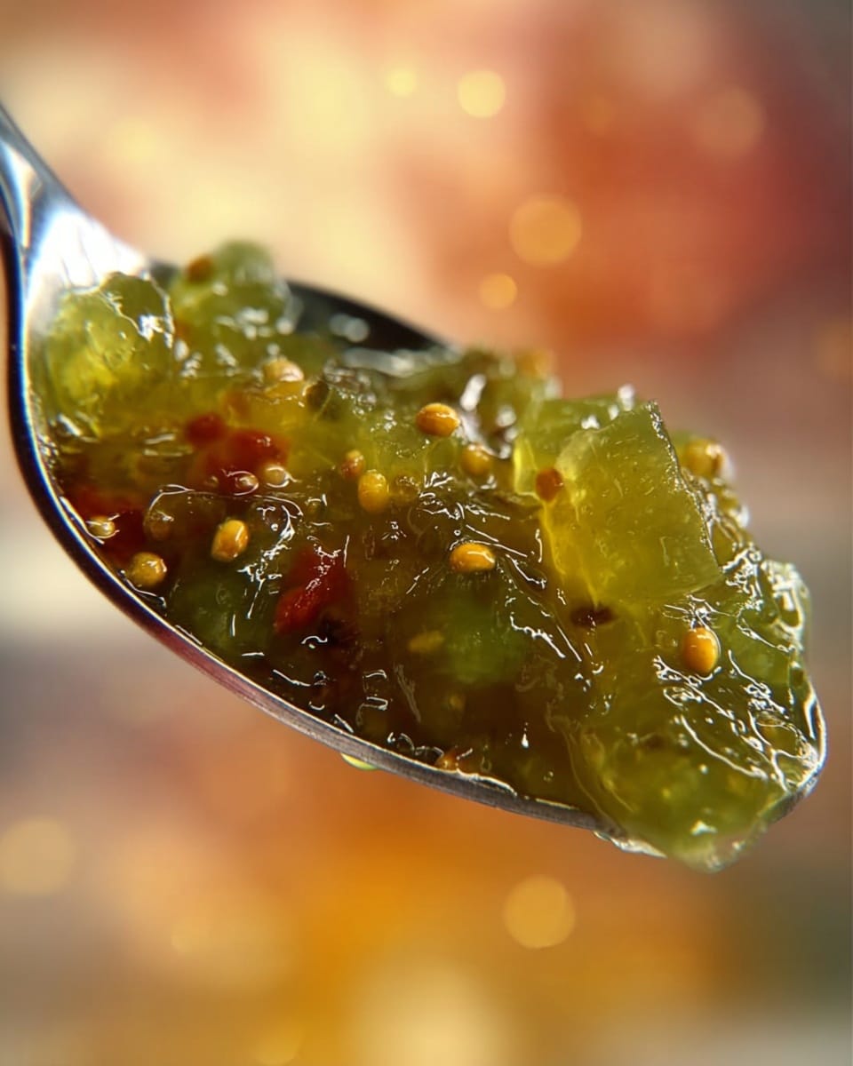 The image shows a small clear glass bowl filled with a chunky yellow jelly-like preserve containing visible black seeds mixed throughout. The preserve is piled high above the rim of the bowl, making a rough, uneven mound at the top. The glass bowl sits on a clear glass plate with a patterned edge. In the background, there is a white marbled surface with a slightly blurred green backdrop and a silver spoon placed to the right of the plate. photo taken with an iphone --ar 4:5 --v 7