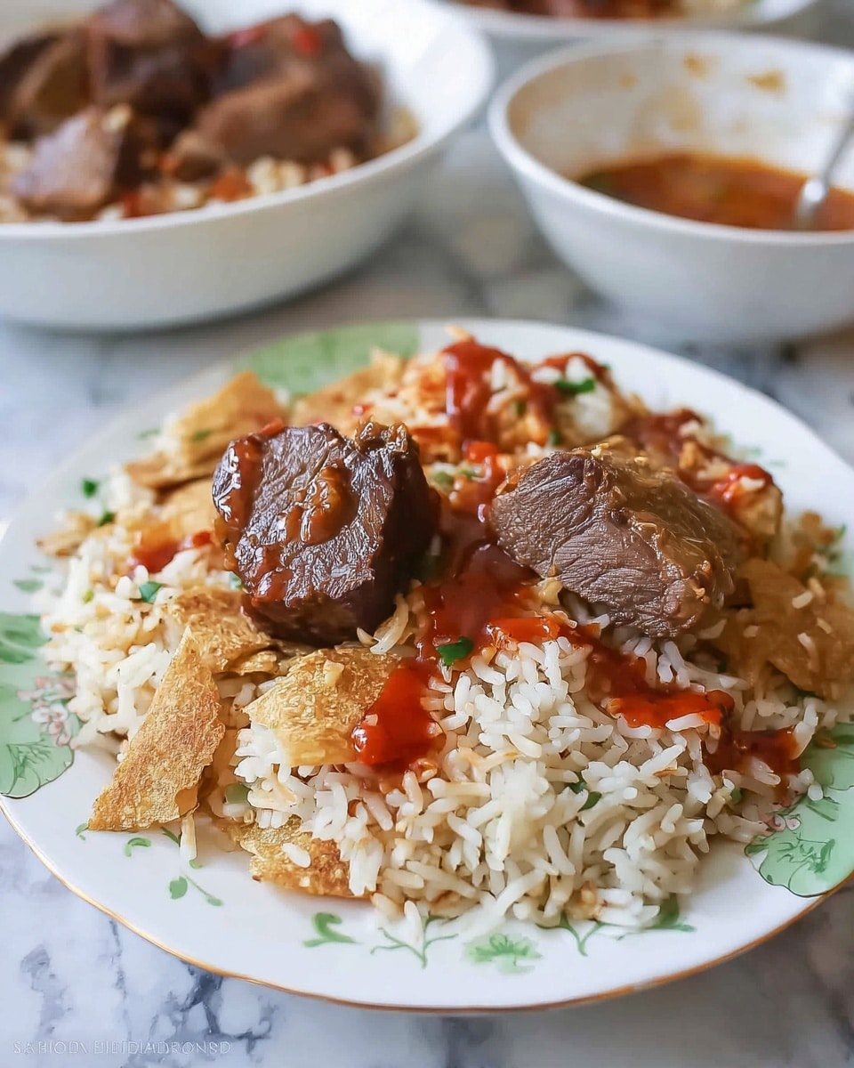 A white plate with a light green floral pattern holds a dish with three main layers: the bottom layer is white long-grain rice, the middle layer consists of golden brown, crispy-looking flatbread pieces mixed into the rice, and the top layer has two dark brown braised meat chunks with a rich red sauce drizzled over them. The plate is placed on a white marbled surface. In the background, there are two white bowls; one contains more meat chunks on top of rice with the same red sauce, and another appears to have some brown sauce. photo taken with an iphone --ar 4:5 --v 7