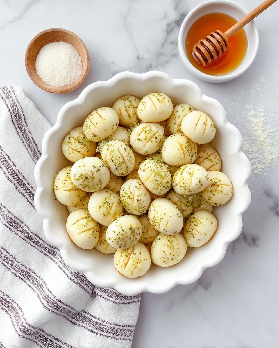 A white scalloped bowl filled with many small, round, light yellow cookies that are split in the middle like little buns, lightly sprinkled with green powder. The bowl is placed on a white and gray striped towel on a white marbled surface. Nearby, there is a small white dish with amber-colored honey and a wooden honey dipper, and a white bowl with a white powdery substance is partially visible. Photo taken with an iphone --ar 4:5 --v 7