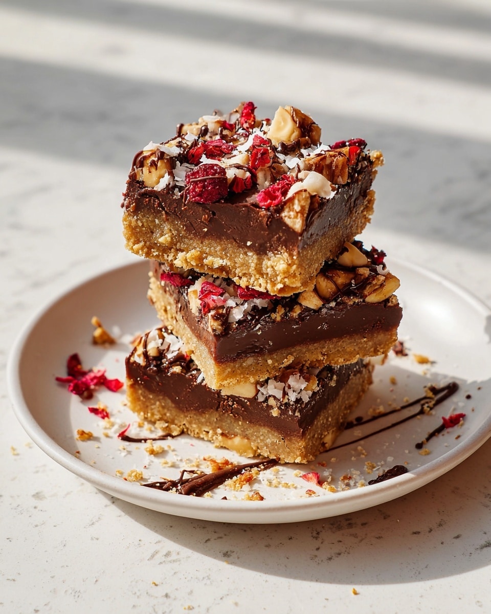 The image shows a group of square bars laid out in rows on a white marbled surface. Each bar has a crumbly golden-brown base layer, topped with a mid layer full of dark red berries mixed with nuts. The top layer is covered with toasted light brown coconut flakes scattered unevenly across, and there are thin drizzles of dark chocolate flowing over the coconut flakes. The bars have crunchy textures and a mix of warm browns, reds, and rich chocolate colors. Photo taken with an iphone --ar 4:5 --v 7