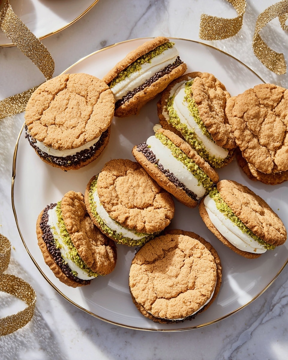 The image shows a white plate with a gold rim holding many sandwich cookies arranged close together. Each sandwich cookie has two textured, light brown cookie layers on the top and bottom. Between these cookie layers, there is a thick layer of creamy white filling. Some of the sandwich cookies have the cream edges coated with small dark chocolate chips, while others have the cream edges covered in crushed green pistachio pieces. The plate rests on a white marbled surface with a gold glittery ribbon nearby, adding a festive touch. photo taken with an iphone --ar 4:5 --v 7