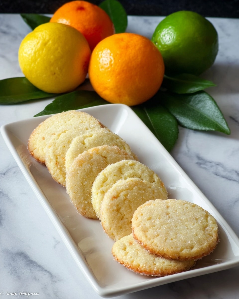 A white rectangular plate holds nine round cookies arranged in two slightly overlapping rows. Each cookie is light golden brown with a slightly crumbly texture and a rough, sugar-coated edge. Behind the plate, three whole citrus fruits—a bright orange, a green lime, and a yellow lemon—rest on a few dark green leaves, all set against a white marbled surface. The lighting highlights the soft, crunchy look of the cookies and the fresh, shiny peel of the fruits. photo taken with an iphone --ar 4:5 --v 7