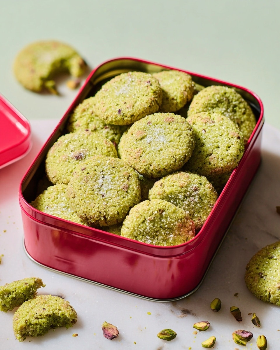 A red rectangular tin filled with round, green pistachio cookies that have a rough textured top sprinkled with coarse sugar crystals, sitting on a white marbled surface. Around the tin, there are a few more cookies scattered, one of them is broken into pieces showing the crumbly texture inside. The overall look is bright and colorful with the cookies densely packed inside the tin and some crumbs scattered nearby. photo taken with an iphone --ar 4:5 --v 7