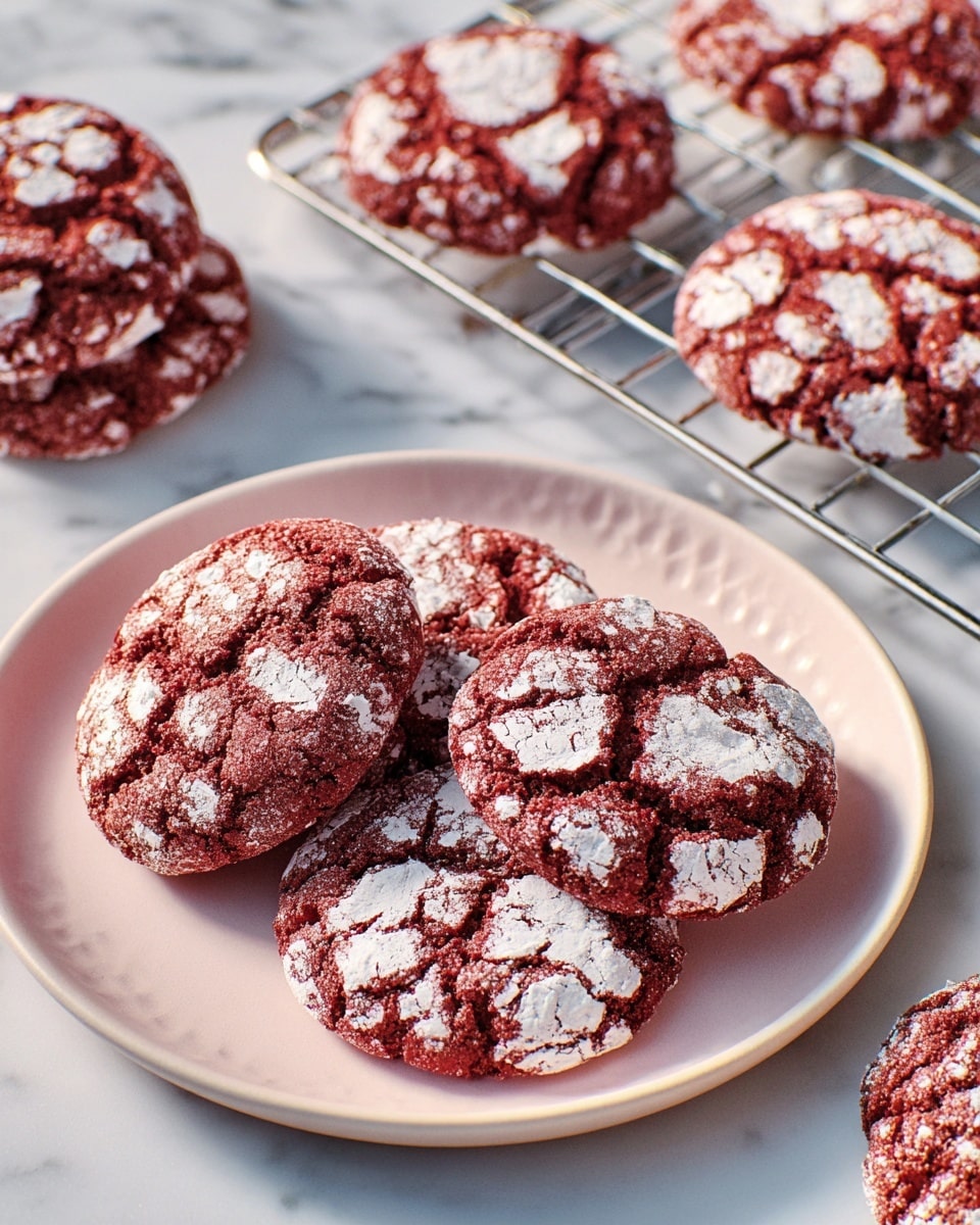 The image shows red velvet crinkle cookies with a deep reddish-brown base and a cracked white powdered sugar layer on top, creating a textured, spotted pattern. There are three cookies placed on a round white plate with a soft pinkish tint, and more cookies are cooling on a wire rack to the right. The cookies have a slightly rough and cracked surface, with the white powdered sugar unevenly spread, contrasting sharply against the red dough. The setting includes a white marbled texture underneath, enhancing the bright colors of the cookies. photo taken with an iphone --ar 4:5 --v 7