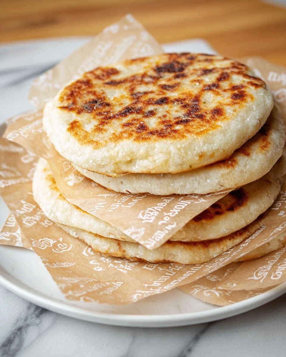 A stack of four round, thick flatbreads with a golden brown, slightly uneven toasted top layer rests on sheets of light brown paper printed with white text. The flatbreads are light beige in color with some darker brown spots and are slightly puffed, showing soft texture and thickness. The stack is placed on a white plate, which is on top of a larger white plate, all set on a white marbled table. The image has a soft, natural light that highlights the texture of the flatbreads and the paper. photo taken with an iphone --ar 4:5 --v 7