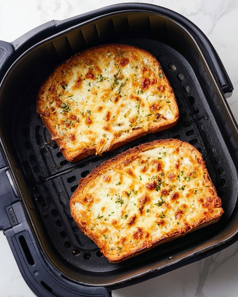 Two slices of toasted bread are placed inside a black air fryer basket on top of a white marbled surface. Each slice has a golden-brown layer of melted cheese with some browned spots and small green herb flakes scattered on top. The cheese texture looks bubbly and slightly crispy, covering the entire surface of the bread evenly. The bread underneath is lightly toasted, showing a firm crust around the edges. photo taken with an iphone --ar 4:5 --v 7