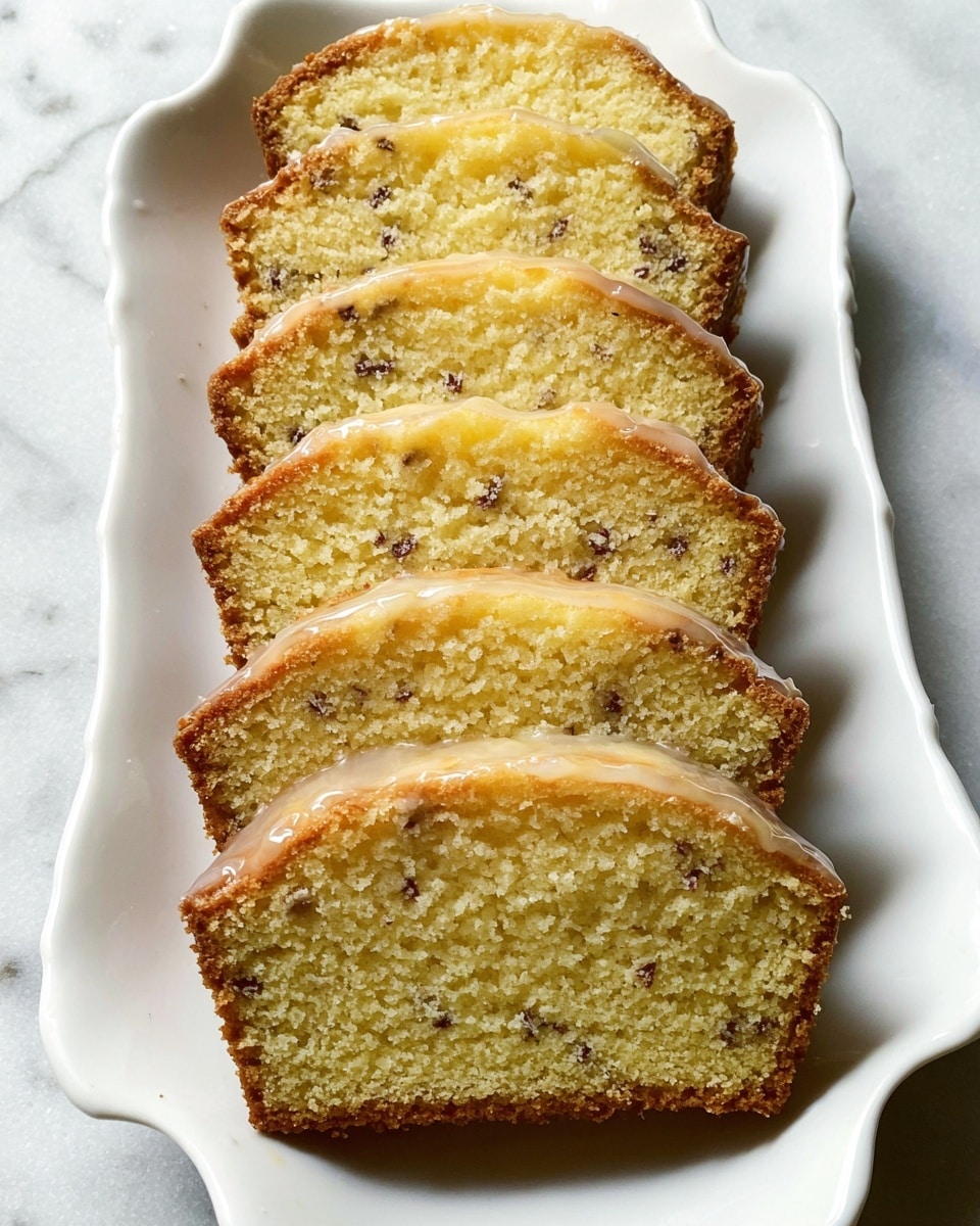 The image shows seven slices of a light yellow cake with small dark specks inside, arranged neatly in a row on a white plate with curved edges. The cake has a slightly golden crust on the edges and a soft, crumbly texture inside. Each slice has a thin layer of shiny glaze on top that shines under the light. The cake slices are placed one after another, covering almost the full length of the plate. The background surface is a white marbled texture. photo taken with an iphone --ar 4:5 --v 7