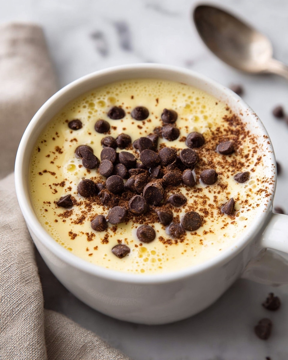 A close-up image of a white mug filled with a creamy light yellow beverage topped with dark brown chocolate chips scattered generously and a dusting of fine brown powder. The surface of the drink has a smooth, slightly frothy texture with small bubbles visible. The mug sits on a white marbled surface, with a soft beige cloth and a silver spoon blurred in the background. photo taken with an iphone --ar 4:5 --v 7