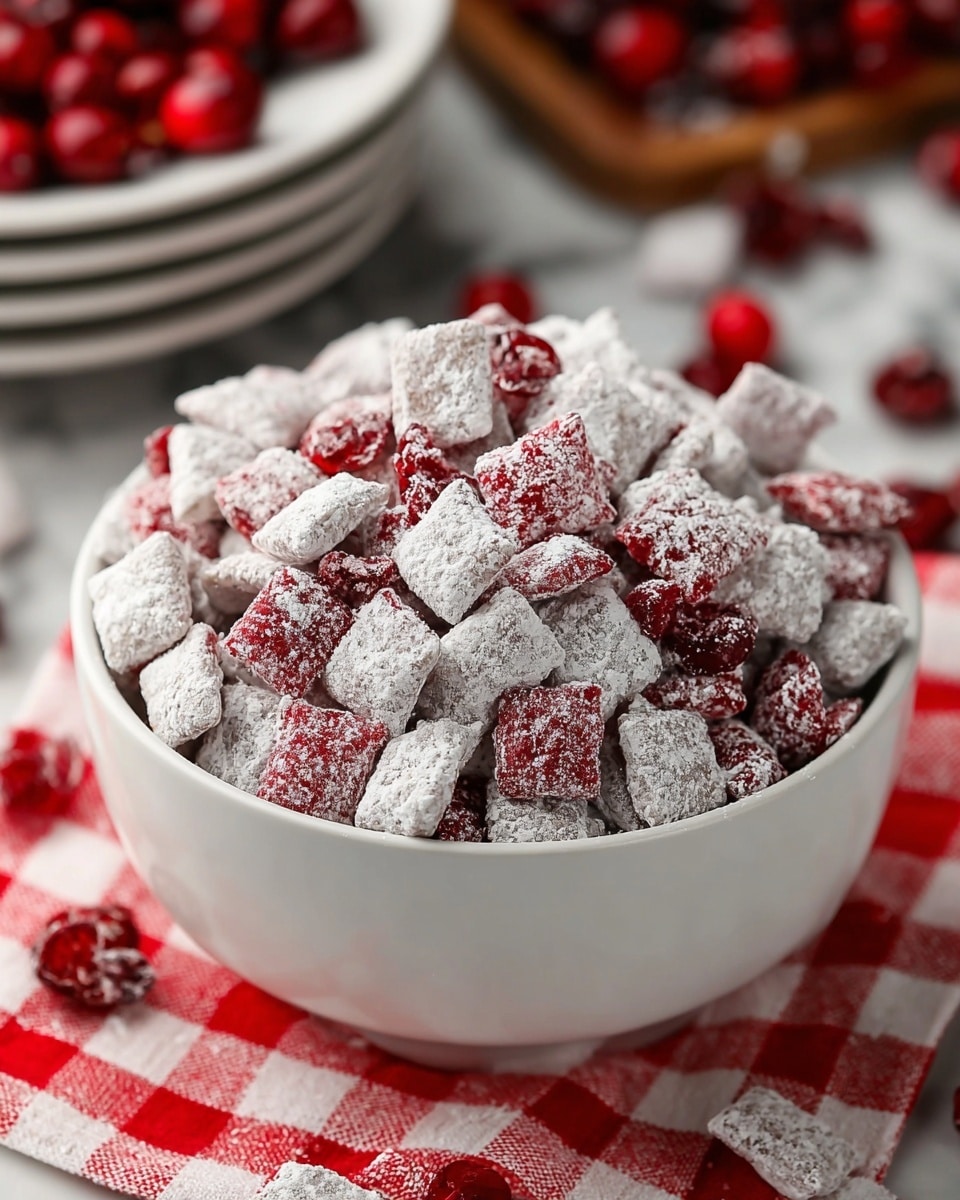 A white bowl filled with many small square cereal pieces coated in white powdered sugar, mixed with bright red dried cranberries scattered throughout. The cereal squares are light brown with a rough texture beneath the powder, and the cranberries add a shiny, smooth contrast. The bowl sits on a surface with a white marbled texture, and the background is softly blurred. photo taken with an iphone --ar 4:5 --v 7
