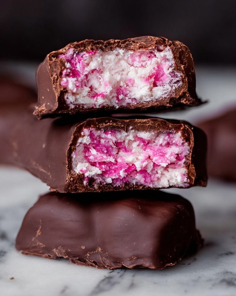 The image shows three stacked chocolate-covered bars on a white marbled surface. The bottom layer is a thick, smooth dark chocolate bar with a slightly uneven texture. On top of it, there is a bar cut in half to show the inside, revealing a bright pink and white flaky filling with a rough, crunchy texture, surrounded by a thick dark chocolate coating. The top piece is similarly cut to show the same pink and white filling and chocolate coating. The focus is close-up, highlighting the contrast between the dark chocolate and the vibrant pink filling. Photo taken with an iphone --ar 4:5 --v 7