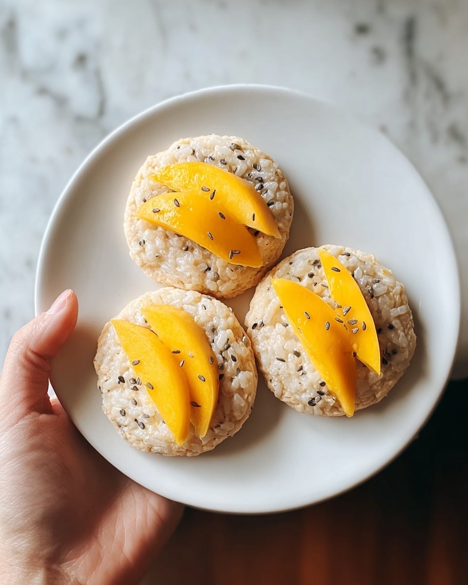 Three round cookies are arranged on a white plate, each cookie having a light beige base with visible small pieces of white rice embedded within. On top of each cookie are bright yellow mango slices placed neatly, along with sprinkled small black seeds adding contrast. The cookies show a slightly soft texture with a gentle shine, suggesting they are moist. The plate is held by a woman's hand against a white marbled surface in soft natural light. photo taken with an iphone --ar 4:5 --v 7