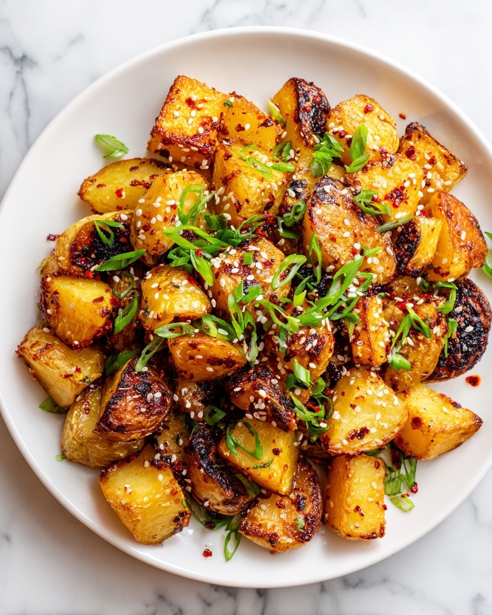 This image shows a close-up of a white plate filled with crispy roasted potato pieces that are golden brown with some darker charred edges. The potatoes look crunchy outside and soft inside, mixed with bits of spicy red seasoning and small chunks of browned meat or tofu. Scattered on top are fresh bright green chopped scallions and small white sesame seeds, adding color and texture contrast. The plate rests on a white marbled surface. photo taken with an iphone --ar 4:5 --v 7
