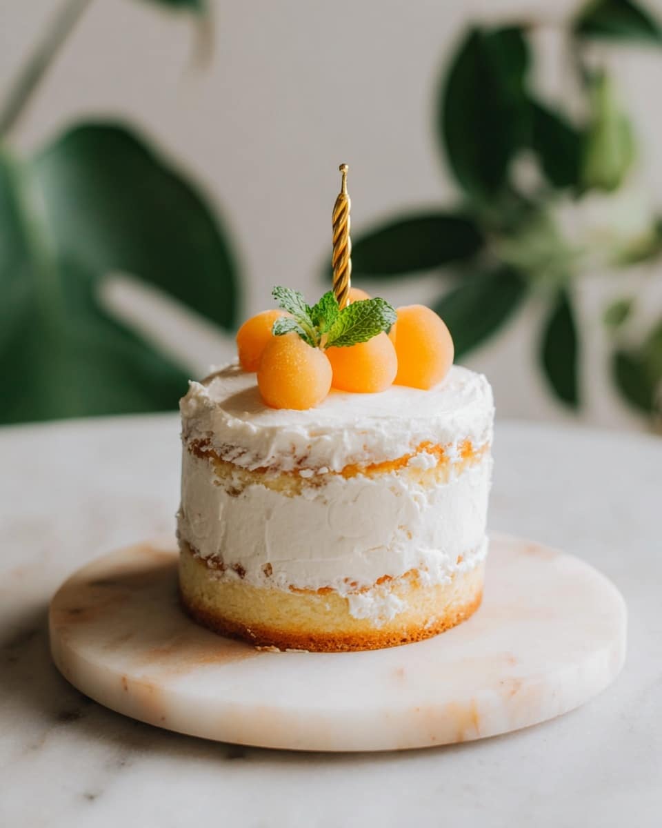 A small three-layer cake with light cream-colored frosting that is spread thickly and slightly rough, letting the soft yellow cake layers peek through. On top, there are a few pieces of bright orange fruit and a small green mint leaf for decoration. A thin gold spiral candle stands in the center of the cake. The cake sits on a round white marble surface, with a soft-focus background that includes green leaves. photo taken with an iphone --ar 4:5 --v 7