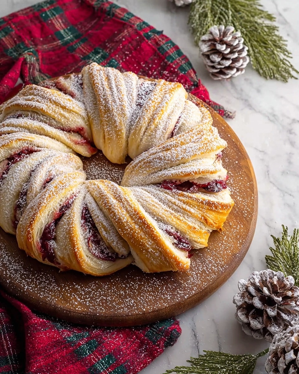 A twisted wreath-shaped pastry sits on a round wooden board, placed over a red plaid cloth with green and white stripes. The pastry is made of golden-brown dough with visible layers twisted to show a red berry filling inside each section. The wreath has about eight large twisted segments, each dusted with a light layer of powdered sugar that adds a soft snowy effect. Around the board, there are several large pine cones dusted with powdered sugar, and green pine branch tips peek in from the corner, all placed on a white marbled surface. photo taken with an iphone --ar 4:5 --v 7