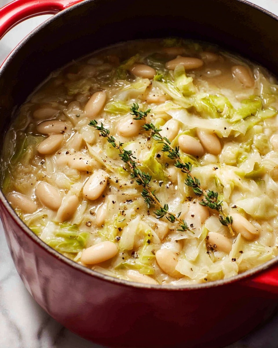 A close-up image of a deep red pot filled with a creamy soup made of white beans and cabbage. The soup has a thick, slightly watery texture with soft, pale white beans and shredded light green cabbage mixed throughout. Sprigs of fresh thyme are visible resting on top, adding a touch of dark green. Tiny black pepper specks are scattered on the surface of the soup. The pot sits on a white marbled texture. photo taken with an iphone --ar 4:5 --v 7