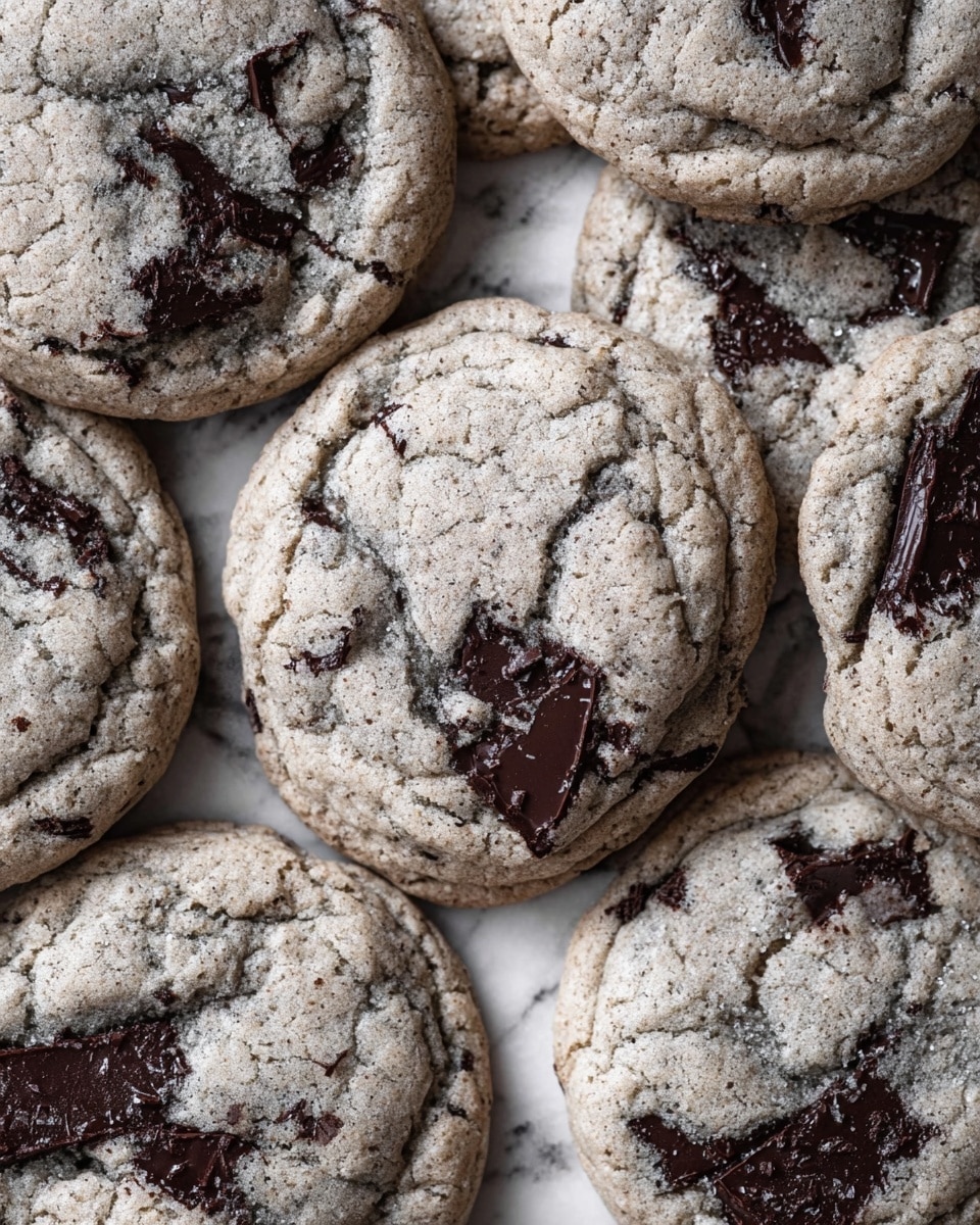 A close-up view of several soft, thick cookies arranged closely together on a white marbled surface. Each cookie has a light gray dough base with a slightly rough texture and visible cracks on top. Embedded throughout the cookies are irregular, melted dark brown chocolate chunks that stand out against the gray dough. The cookies are nearly round with slightly uneven edges and appear freshly baked with a chewy center. photo taken with an iphone --ar 4:5 --v 7
