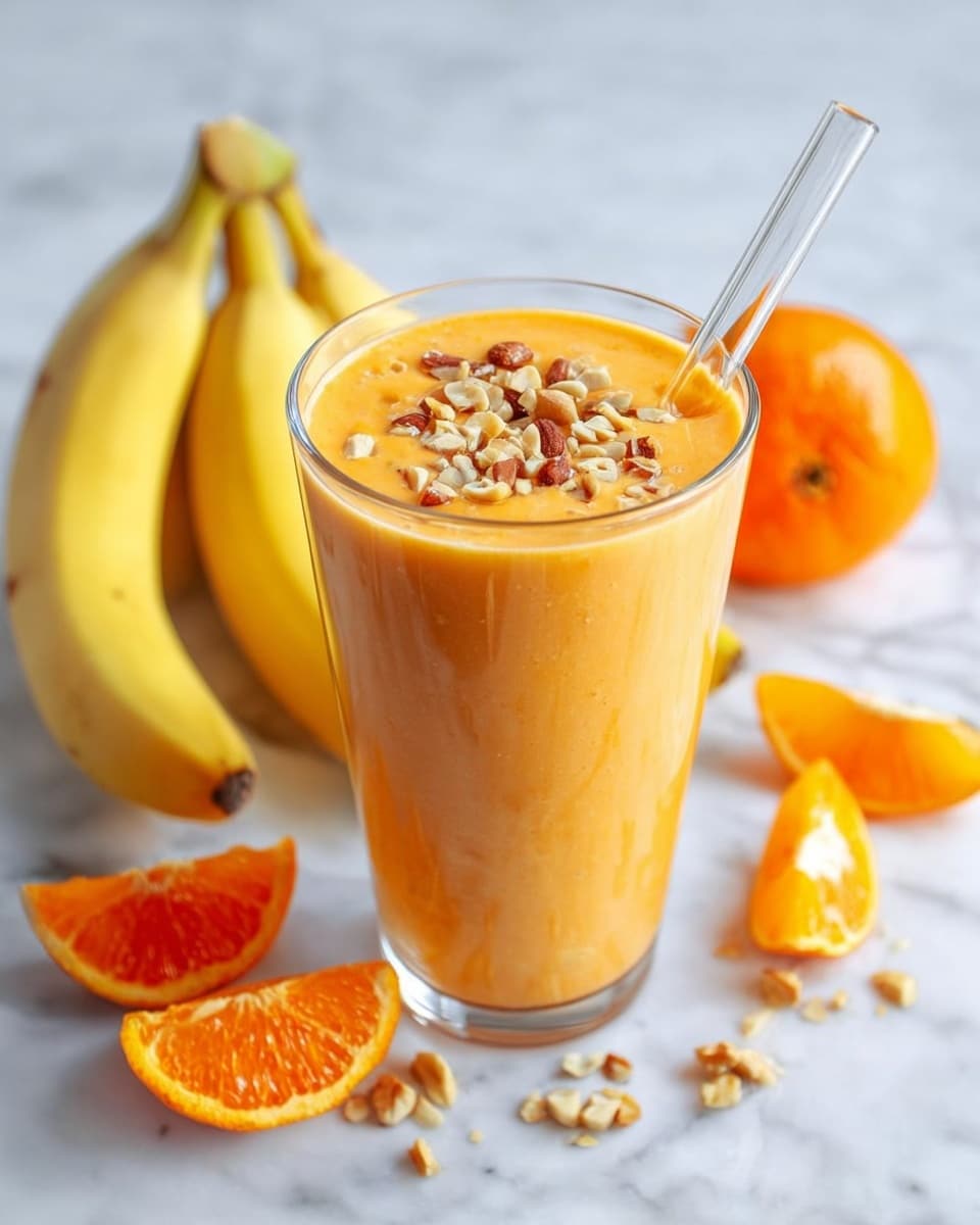 A clear glass is filled with a bright orange smoothie that has a smooth, creamy texture and is topped with small, chopped light brown nuts scattered on the surface. A clear glass straw stands inside the smoothie. Around the glass, there are two peeled bananas with yellow skin, two halved bright orange oranges showing their juicy inside, smaller segments of orange, and a few slices of orange carrot placed on a white marbled surface. The photo taken with an iphone --ar 4:5 --v 7