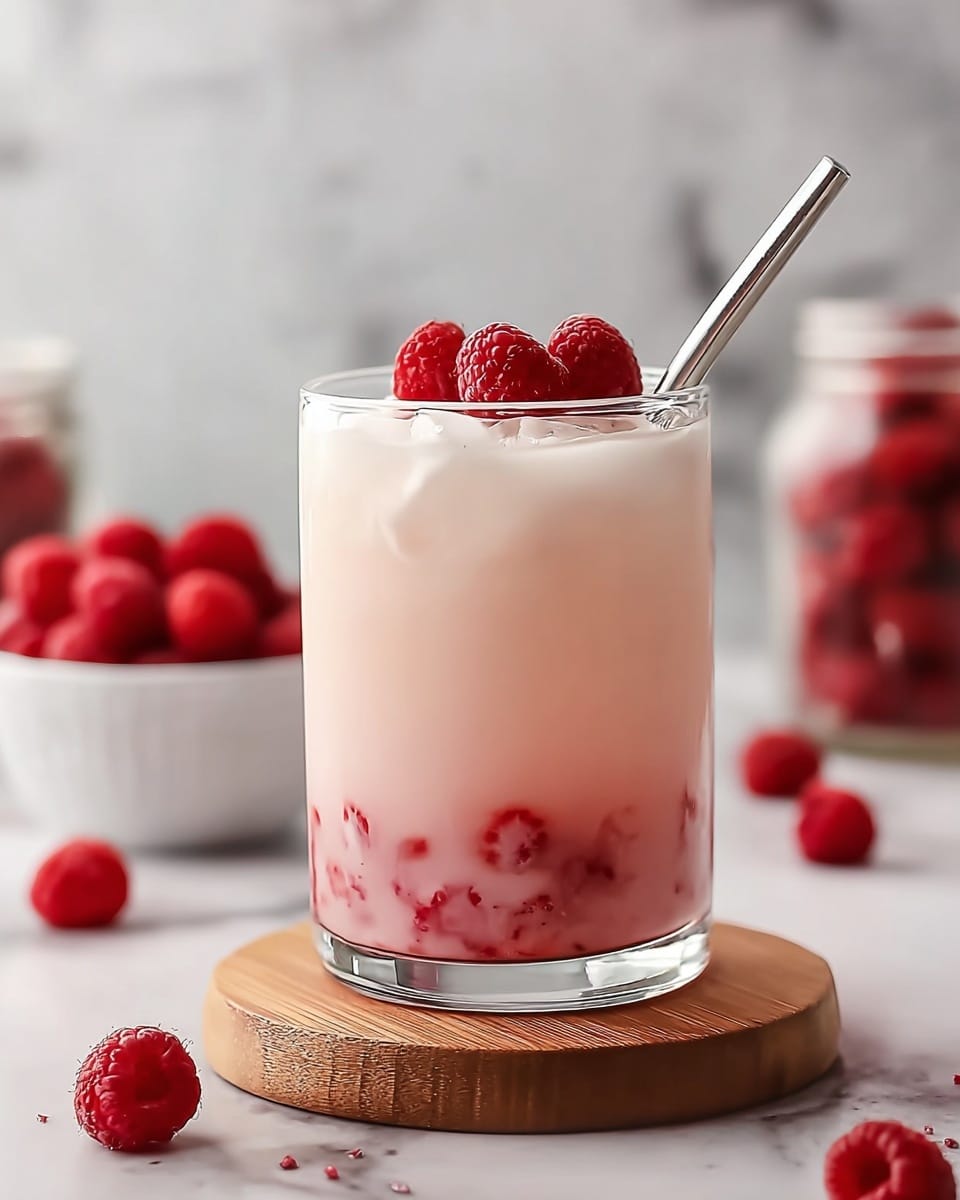A clear glass holds a drink with three layers: the bottom layer is light pink and smooth, the middle layer has small red raspberry pieces mixed in a lighter pink liquid, and the top layer is creamy white with a frothy texture. Several whole raspberries sit on top of the drink, with a metal straw inserted on the right side of the glass. The glass is placed on a small round wooden board, and the setting includes a white marbled surface with scattered raspberries around, a white bowl with raspberries on the left, and a glass jar with more raspberries blurred in the background. photo taken with an iphone --ar 4:5 --v 7