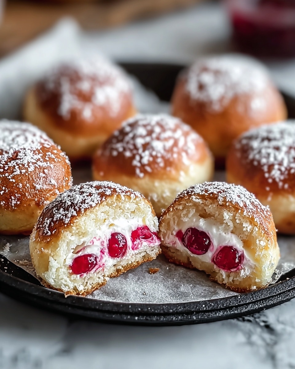Eight small round pastries are arranged on a black pan lined with parchment paper, placed on a white marbled surface. The pastries have a golden-brown crust dusted with white powdered sugar. One pastry in the front is cut in half, showing three visible layers inside: a light and crumbly outer dough, a soft white cream layer beneath it, and a bright red fruit filling with small segments at the center. The background is softly blurred, focusing on the detailed texture and color of the pastries. photo taken with an iphone --ar 4:5 --v 7