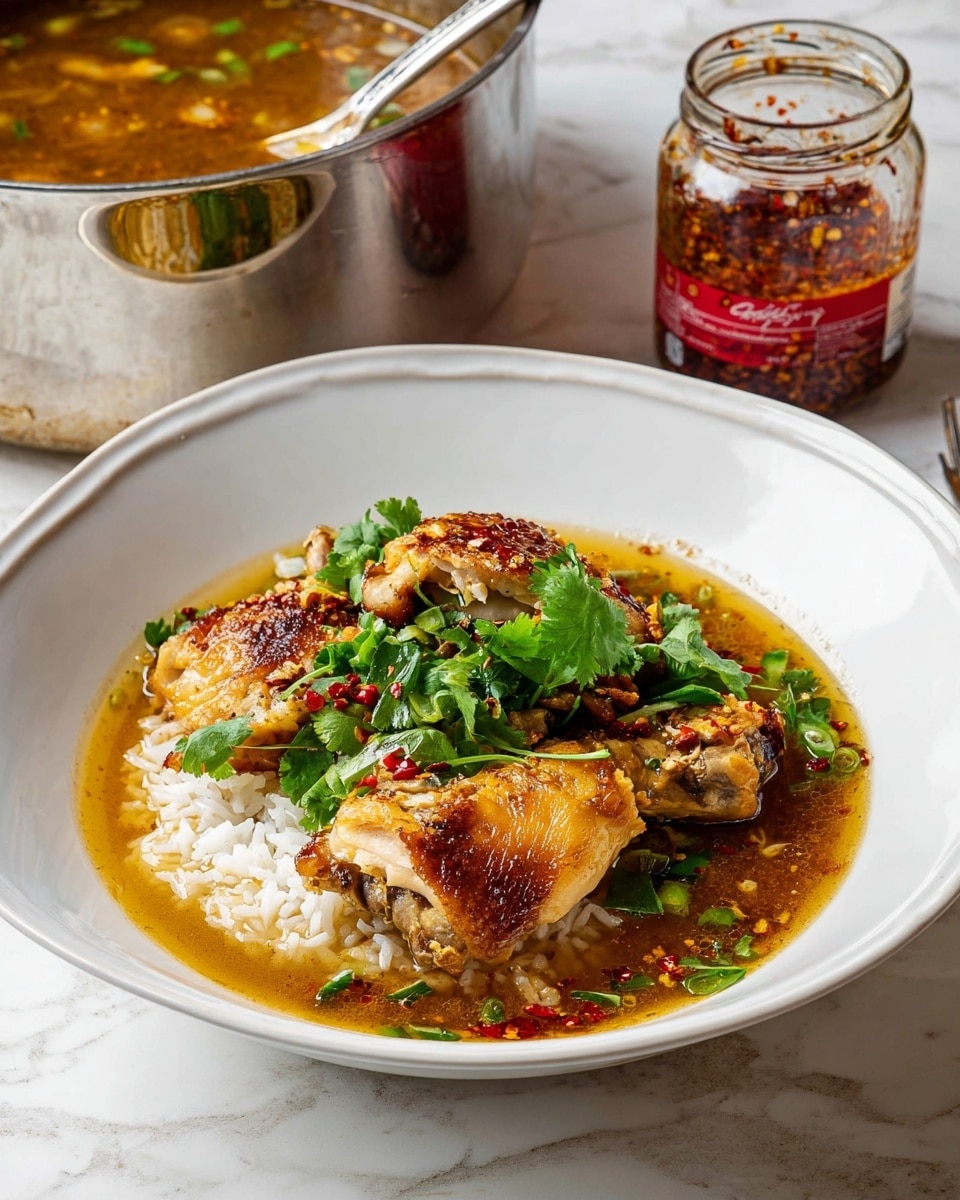 A white bowl holds a layer of white rice at the bottom, partially soaked in a light brown broth with small bits of spices and herbs. On top of the rice, there are several pieces of golden-brown roasted chicken with a crispy skin, garnished with bright green fresh herbs like coriander leaves and sliced green onions. The bowl is placed on a white marbled texture surface, with a shiny silver pot containing more broth and chicken in the background on the left side. On the right side, there is an open jar of red chili oil with a spoon inside. photo taken with an iphone --ar 4:5 --v 7