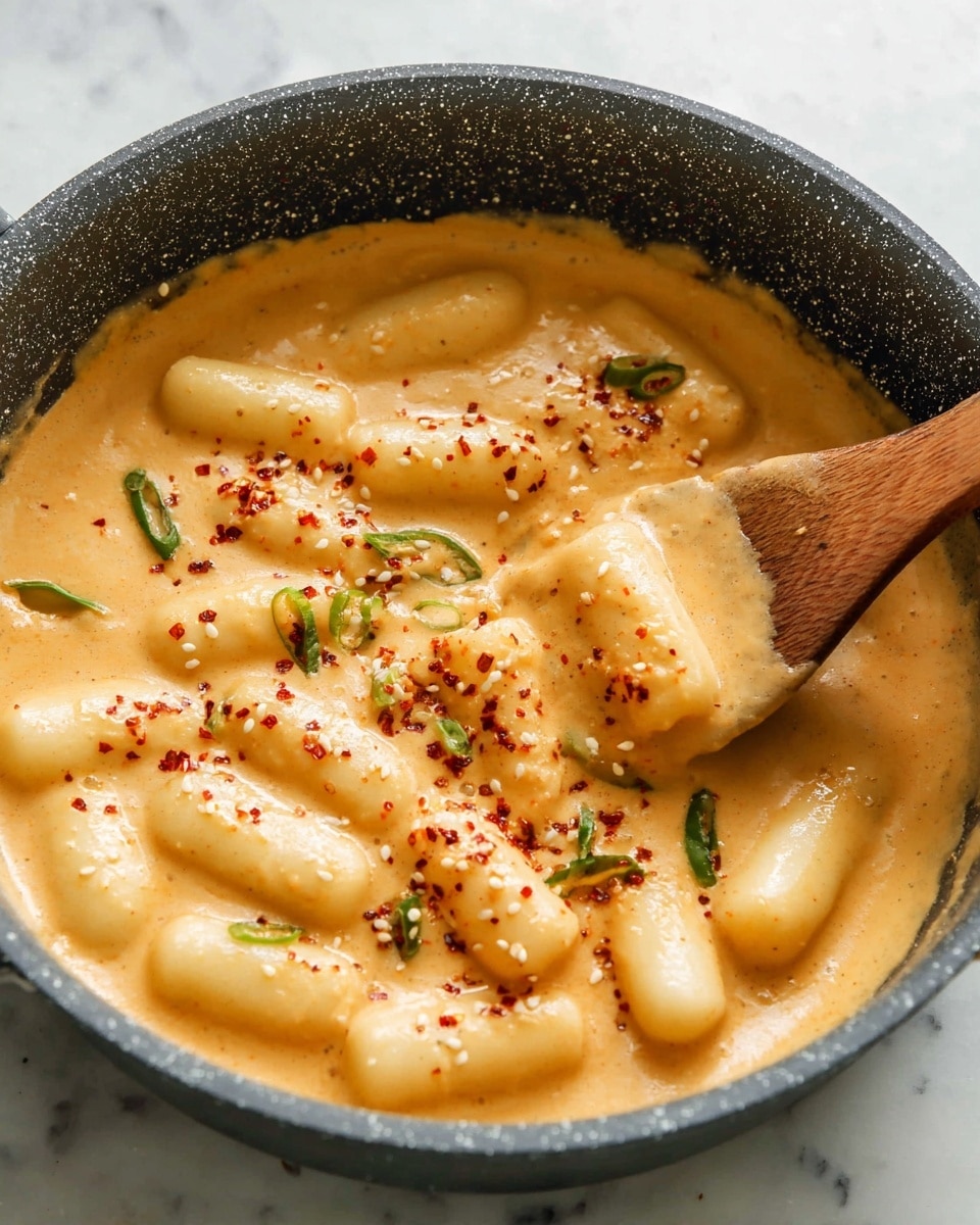 The image shows a pot filled with thick, creamy light orange sauce covering multiple short, cylindrical rice cakes that are smooth and pale white. Small green pieces of chopped scallions float on top along with a light sprinkling of red chili flakes and white sesame seeds. A wooden spatula is stirring the sauce and rice cakes from the right side, partially covered in sauce. The pot is dark gray with white speckles and is set on a white marbled surface. photo taken with an iphone --ar 4:5 --v 7