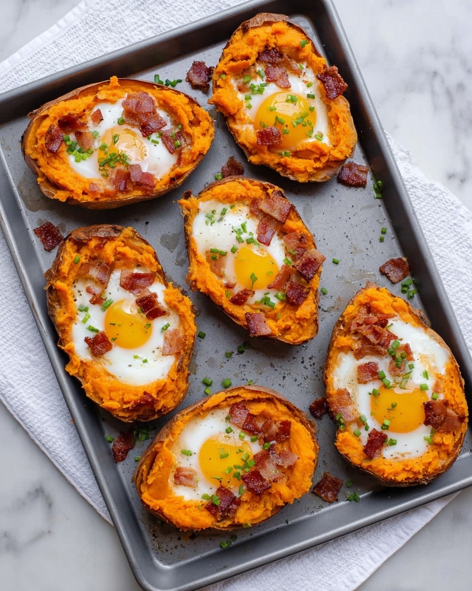 Six sweet potato halves sit on a gray baking tray, each filled with mashed orange sweet potato forming the base layer. In the center of each half is a cooked egg with a bright yellow yolk and white surrounding it, creating a distinct second layer. Small pieces of crispy bacon are sprinkled over the eggs and potato, adding dark reddish-brown bits. Fresh green herbs, likely chives, are scattered lightly on top, giving a hint of color contrast. The tray rests on a white marbled surface with a white cloth partially visible beneath it. photo taken with an iphone --ar 4:5 --v 7
