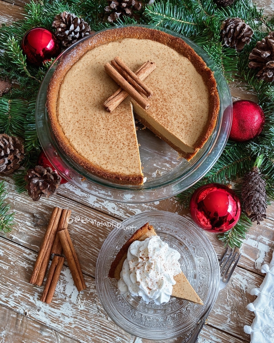 A round pie with a smooth, light brown filling and a slightly darker crust sits on a clear glass plate, surrounded by green pine branches, brown pinecones, and shiny red Christmas ornaments. Two cinnamon sticks cross on top of the pie. A slice is missing from the pie, and the removed slice is on a clear glass dessert plate nearby, topped with a dollop of white whipped cream dusted with cinnamon. The setup is on a wooden table with a white marbled texture surrounding. A silver fork lies on the table near two cinnamon sticks. photo taken with an iphone --ar 4:5 --v 7