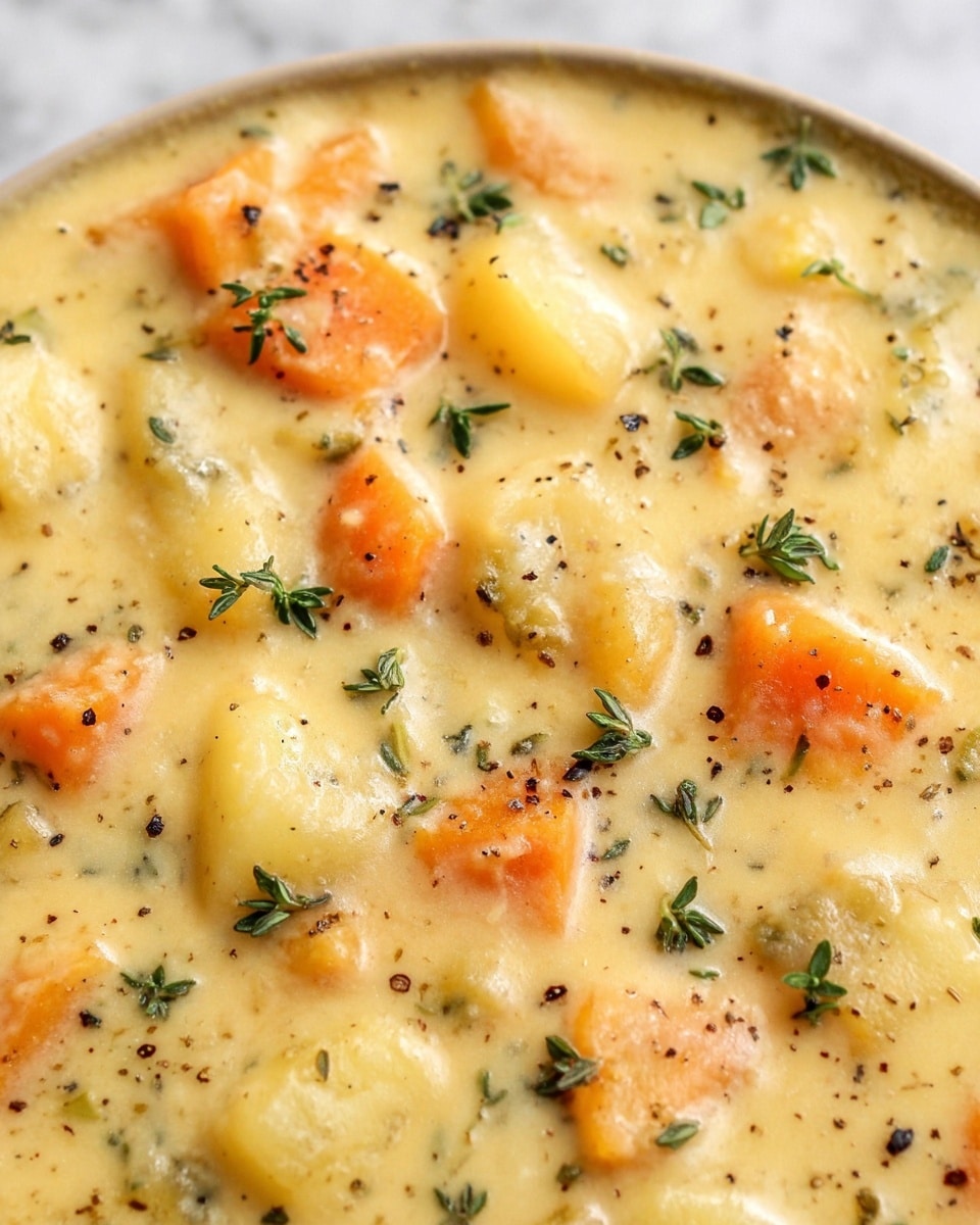 The image shows a creamy soup with visible chunks of orange carrots and pale yellow potatoes, all covered in a smooth, thick, light yellow broth. Small green herb leaves, likely thyme, are scattered evenly on top, adding a fresh contrast. Tiny black pepper specks are spread across the surface, giving the soup a speckled appearance. The texture is rich and velvety, with the vegetables soft but distinct within the creamy base. The background is a white marbled texture. photo taken with an iphone --ar 4:5 --v 7