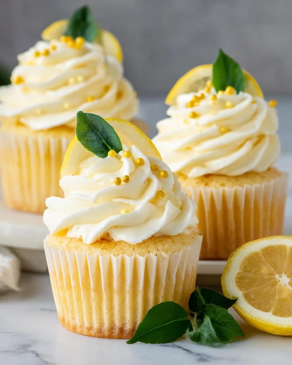 Three yellow cupcakes with light fluffy texture stand on a white marbled surface, each topped with a thick swirl of creamy white frosting. The frosting is decorated with small gold beads and a thin lemon slice placed at the back, along with bright green leaves. A sliced lemon with green leaves lies in front of the cupcakes as additional decoration. The focus is clear, showing fine details of the cupcake texture and frosting, with a soft, blurred background. photo taken with an iphone --ar 4:5 --v 7