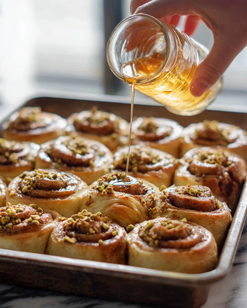 A tray filled with two layers of round cinnamon rolls with golden-brown crusts and swirled centers topped with small crushed pistachio pieces; a woman's hand pours a clear golden syrup over the front rolls, catching the light as it drizzles down in thin streams. The rolls have a soft, flaky texture with some darker spots inside the spirals, all sitting closely packed in a metal baking tray. The background is softly blurred with hints of light shining through glass, all set on a white marbled surface. photo taken with an iphone --ar 4:5 --v 7