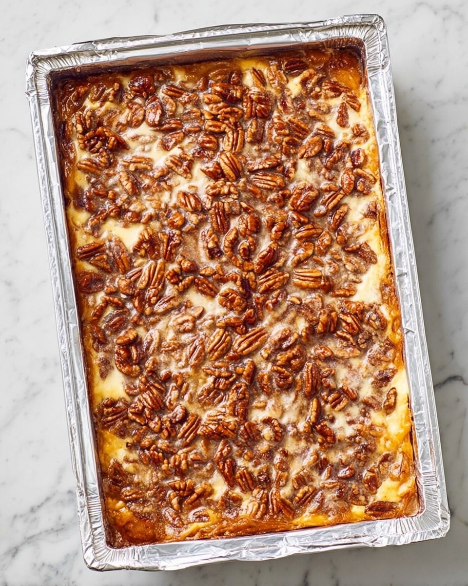A rectangular baking pan lined with crinkled silver foil holds a baked dish featuring a top layer densely covered with whole toasted pecans in rich brown tones. Beneath the nuts, a creamy, slightly glossy layer with a light beige color peeks through, interspersed with spots of melted cheese or custard that show softer yellow and white shades. The edges reveal a golden-brown crust that frames the dish, contrasting with the nutty, textured surface. The pan sits on a white marbled surface, enhancing the warm colors and glossy texture of the pecan topping. photo taken with an iphone --ar 4:5 --v 7
