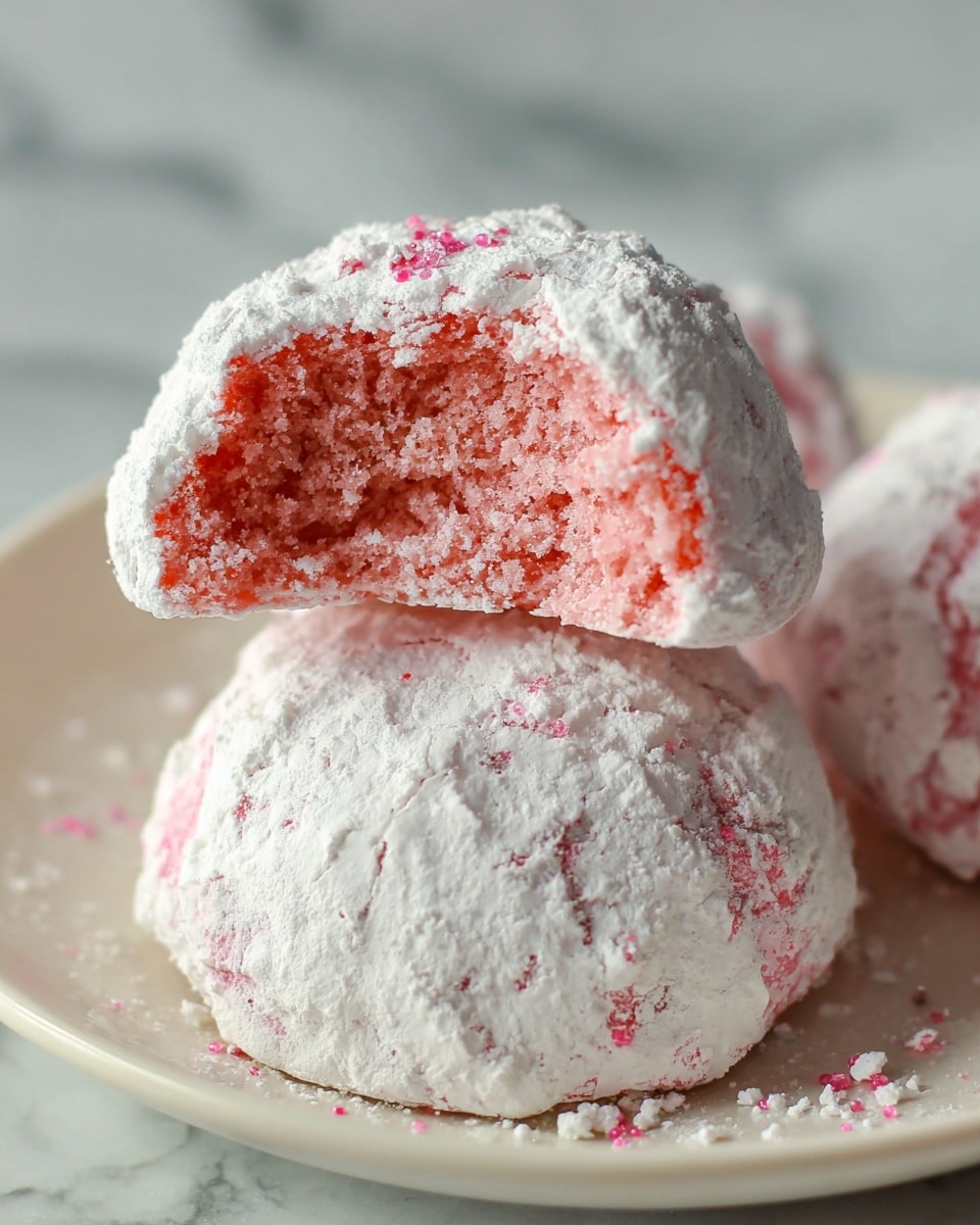 The image shows two round cookies stacked on a white plate with a white marbled texture in the background. Each cookie has two visible layers: the outer layer is thick, rough, and covered in white powdered sugar with some small patches of pink peeking through. The inside layer of the cookie is pink, dense, and slightly crumbly, with a bite taken out of the top cookie, revealing its textured interior. The cookies have an uneven, homemade look with soft edges. The scene is softly lit, emphasizing the powdery coating and moist center of the cookies. photo taken with an iphone --ar 4:5 --v 7