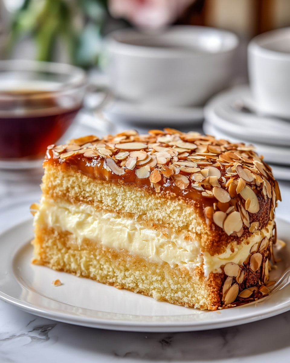 A round slice of cake on a white plate shows three main layers: a light golden sponge cake base, a creamy white custard or cream filling in the middle, and another light golden sponge cake layer on top. The top is covered with a shiny caramel glaze, sprinkled thickly with toasted almond slices that spill slightly down the sides. The cake slice reveals the texture of the moist sponge and smooth cream inside, all set against a white marbled surface with a blurred cup of dark tea and white dishes in the background. photo taken with an iphone --ar 4:5 --v 7