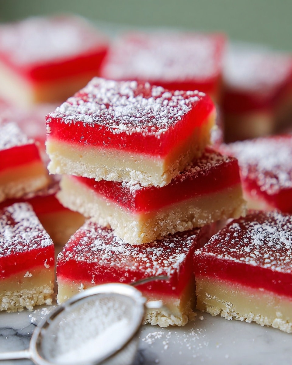 The image shows several square dessert bars stacked on a white marbled surface, each bar having two layers: a bottom layer of light beige crumbly crust and a thick top layer of bright red jelly. The top red layer is smooth and shiny, sprinkled with a fine dusting of white powdered sugar that gives a soft, snowy look. The bars are arranged closely with some slightly overlapping, and a sifter filled with powdered sugar sits nearby on the surface. The background is softly blurred in light green shades, putting focus on the vibrant bars. photo taken with an iphone --ar 4:5 --v 7