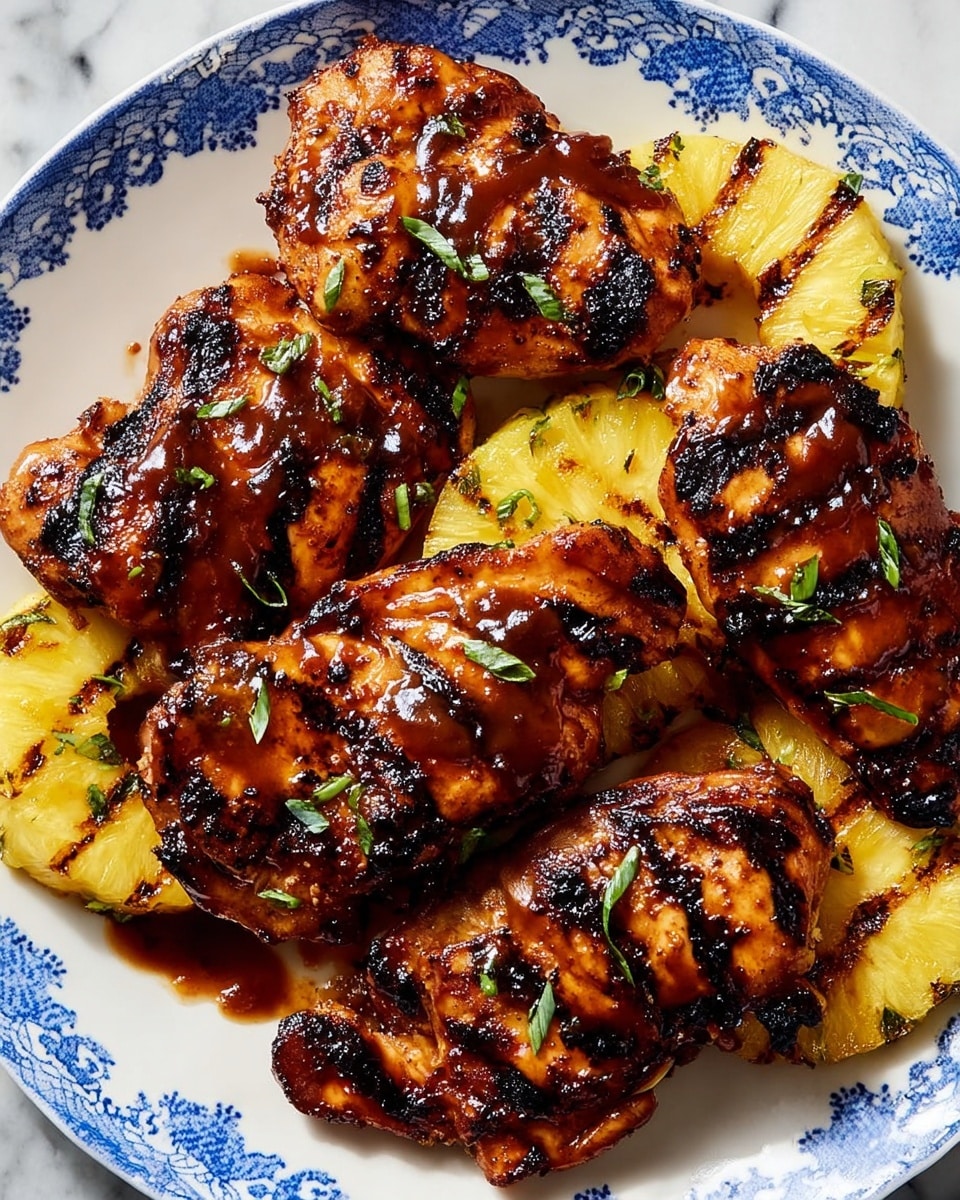 Grilled pieces of chicken with dark char marks, covered in shiny brown sauce, are arranged on a white plate with blue patterns. Between the chicken pieces, bright yellow pineapple slices with rough green edges peek through, adding a fresh contrast. The chicken looks juicy with visible grill marks and a slightly sticky texture from the sauce. The plate is set on a white marbled surface. photo taken with an iphone --ar 4:5 --v 7