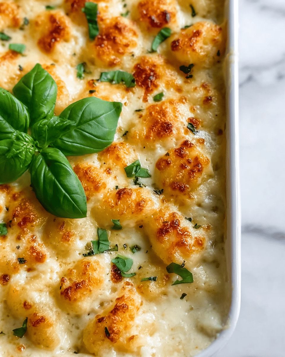 A close-up view of baked gnocchi in a white rectangular baking dish, showing two layers: the bottom layer of soft, creamy white sauce and the top layer of golden-browned gnocchi with a slightly crispy texture. Scattered on top are chopped fresh green basil leaves and a few whole basil leaves placed for garnish. The edges of the sauce are slightly browned, adding a warm orange tint. The background is a white marbled texture. Photo taken with an iphone --ar 4:5 --v 7