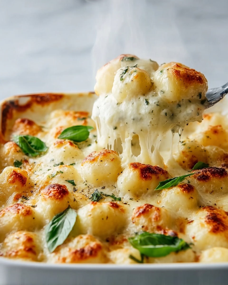 This close-up image shows a white casserole dish full of baked gnocchi covered in melted, golden-brown cheese. The gnocchi are small, round, and soft, with a bubbly and slightly browned cheese layer on top. Some melted cheese strands stretch as a metal spatula lifts a portion from the dish, with steam rising to show the dish is hot. Scattered green basil leaves add color contrast on the creamy white cheese surface. The dish sits on a white marbled texture. photo taken with an iphone --ar 4:5 --v 7