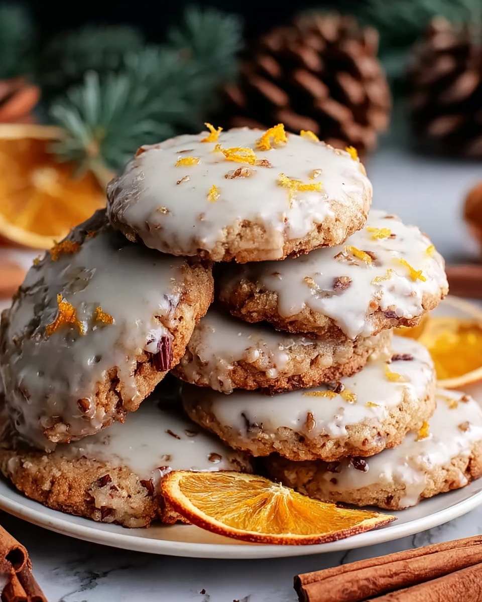 A close-up of a stack of six round cookies on a white plate, each cookie topped with a thin layer of glossy white icing that has small orange zest pieces sprinkled unevenly on top, giving a textured look. The cookies are light golden brown with visible bits of nuts or seeds inside them. Around the plate, there are two dried orange slices with deep orange and brown tones, adding color contrast. The plate is set on a white marbled surface, and the warm lighting highlights the shiny icing and the crunchy texture of the cookies photo taken with an iphone --ar 4:5 --v 7