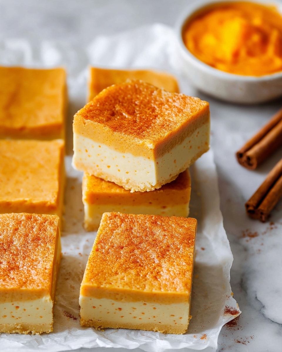The image shows a square slice of a two-layered dessert on a white plate placed on a white marbled textured surface. The bottom layer is thick, smooth, and pale yellow, with a custard-like texture. The top layer is a bit thinner, spongy, light tan with a slightly golden top. The surface of the top layer has a rough, crumbly texture sprinkled lightly with a powder, possibly cinnamon. Behind the slice, another piece of the same dessert is set on a white plate, slightly out of focus. A silver fork rests next to the main slice on the plate. The background is blurry and bluish, giving a soft, cozy feel. photo taken with an iphone --ar 4:5 --v 7