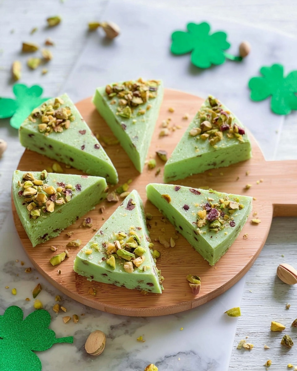 The image shows five triangular green slices of a sweet treat placed on a wooden board, each slice having a smooth, dense texture with small brown pistachio pieces sprinkled on top and embedded inside. The green layer is solid with a slightly crumbly appearance, and a few whole and broken pistachios are scattered around the board. The background is a white marbled texture, creating a soft contrast with the vibrant green of the sweet slices. Photo taken with an iphone --ar 4:5 --v 7