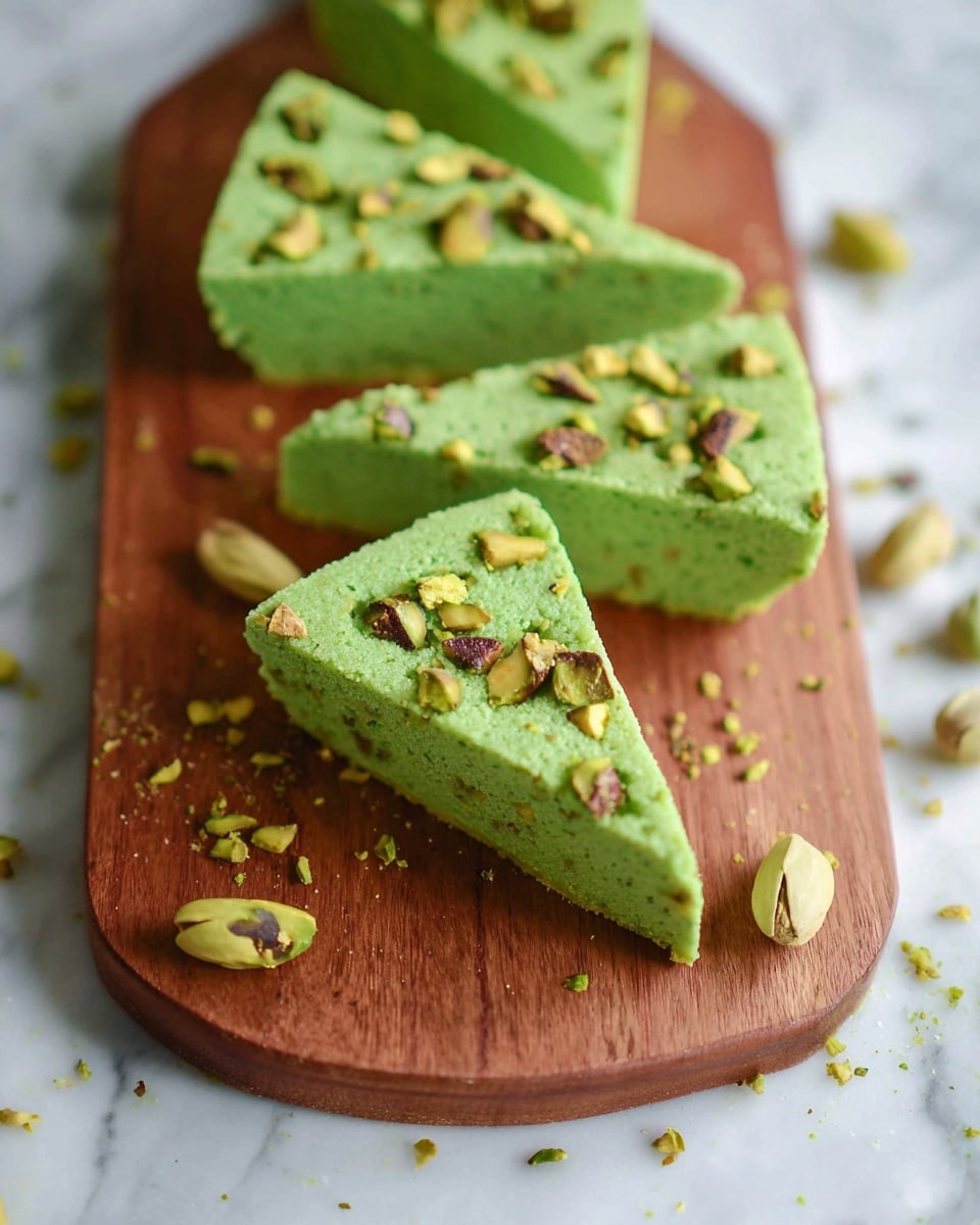 Five triangle pieces of bright green pistachio fudge are placed on a light wooden board, each topped with broken pistachio nuts that add texture and darker green and light brown spots. The fudge pieces have a smooth but slightly crumbly surface and are arranged in a circular pattern with some small pistachio crumbs scattered around. Around the board, there are whole pistachio nuts and green paper shamrocks on a white marbled surface, creating a festive feel. photo taken with an iphone --ar 4:5 --v 7
