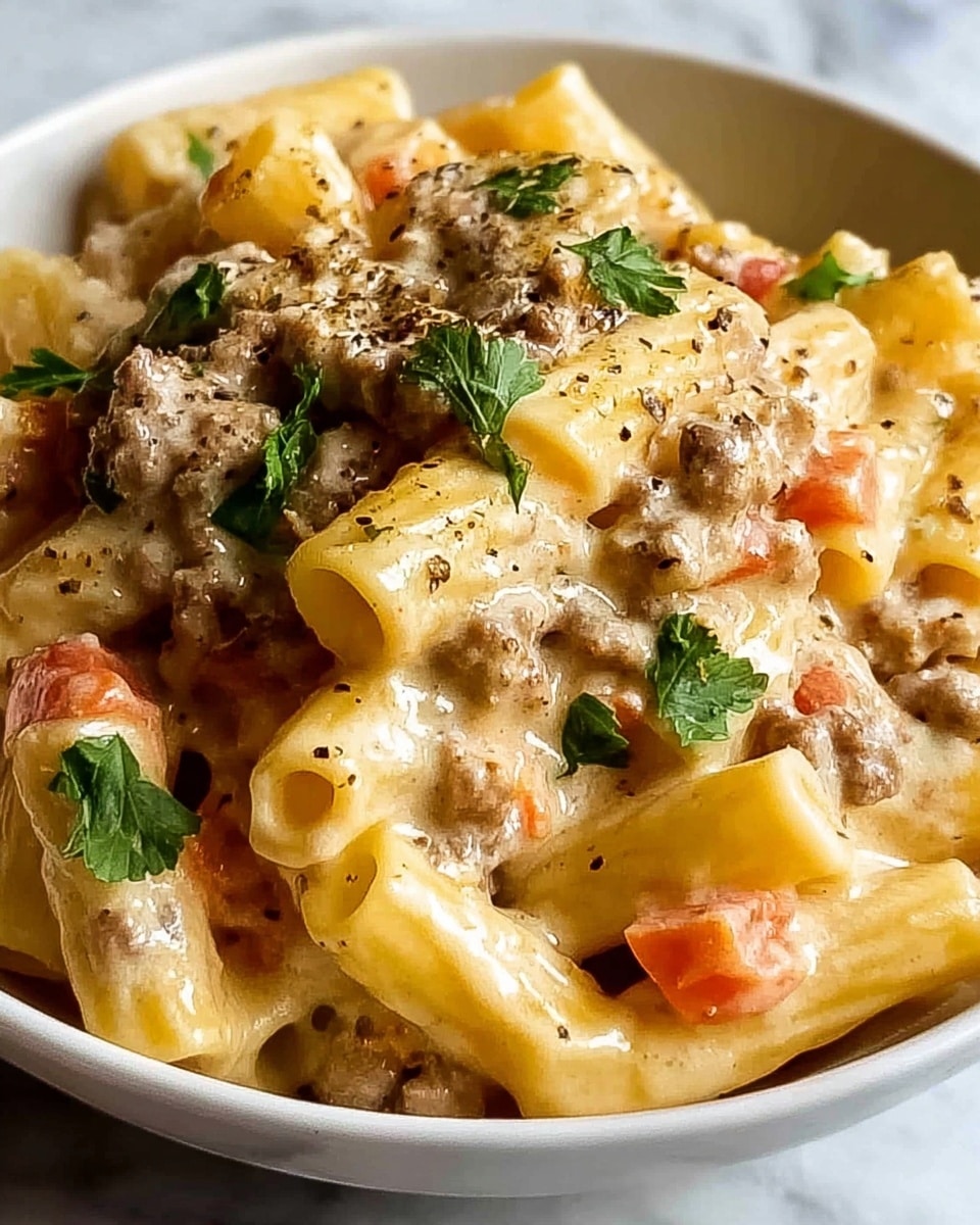 A close-up view of a creamy pasta dish served in a white bowl resting on a white marbled surface. The dish has three main layers: the bottom layer is rigatoni pasta with a smooth, light yellow cheese sauce coating each piece; the middle layer contains small chunks of browned ground meat mixed evenly with the pasta; scattered throughout are small, soft pieces of orange carrots adding color contrast; the top layer is garnished with fresh green parsley leaves and sprinkled with cracked black pepper, adding texture and a pop of green color. The sauce appears thick and rich, slightly glossy, binding all the ingredients together. photo taken with an iphone --ar 4:5 --v 7