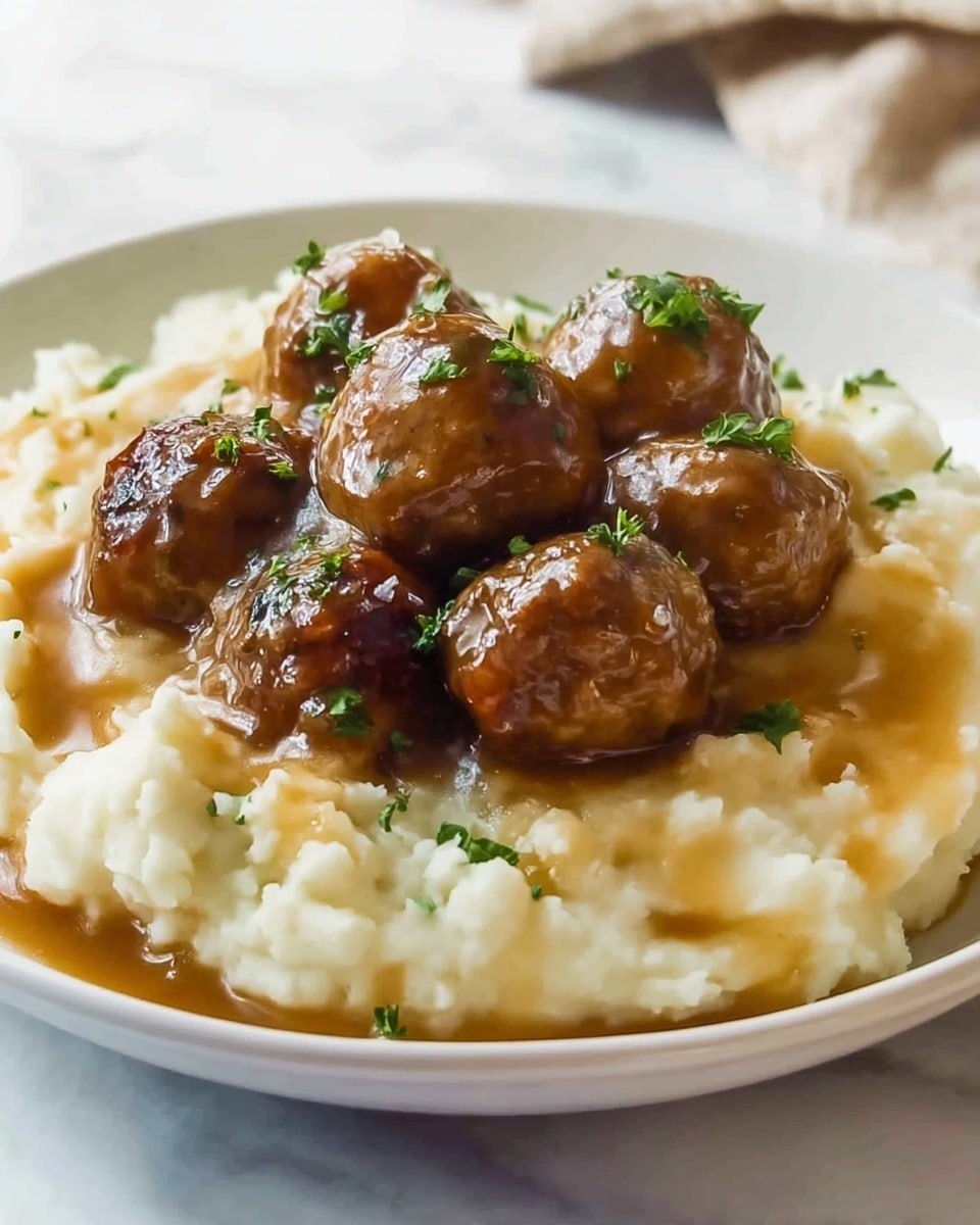 A white plate holds a dish with two main layers; the bottom layer is creamy mashed potatoes in a soft white color with a slightly lumpy texture, spread around the edge of the plate forming a bed. On top, there are several brown meatballs covered in a shiny brown gravy that looks thick and smooth. Small green chopped herbs are sprinkled over the meatballs and mashed potatoes, adding a fresh touch. The photo is taken on a white marbled surface. Photo taken with an iphone --ar 4:5 --v 7